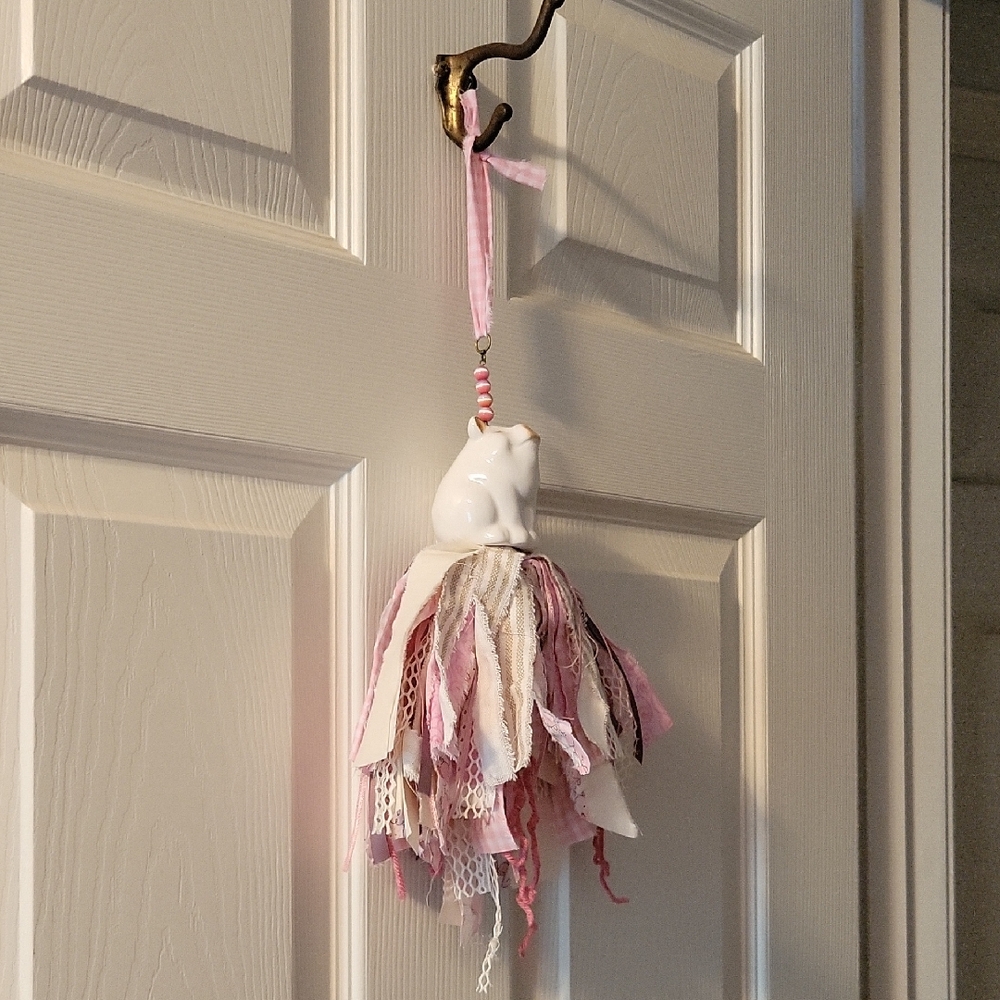 Hand Crafted Pink and Cream Fabric Tassel with Ceramic Bird